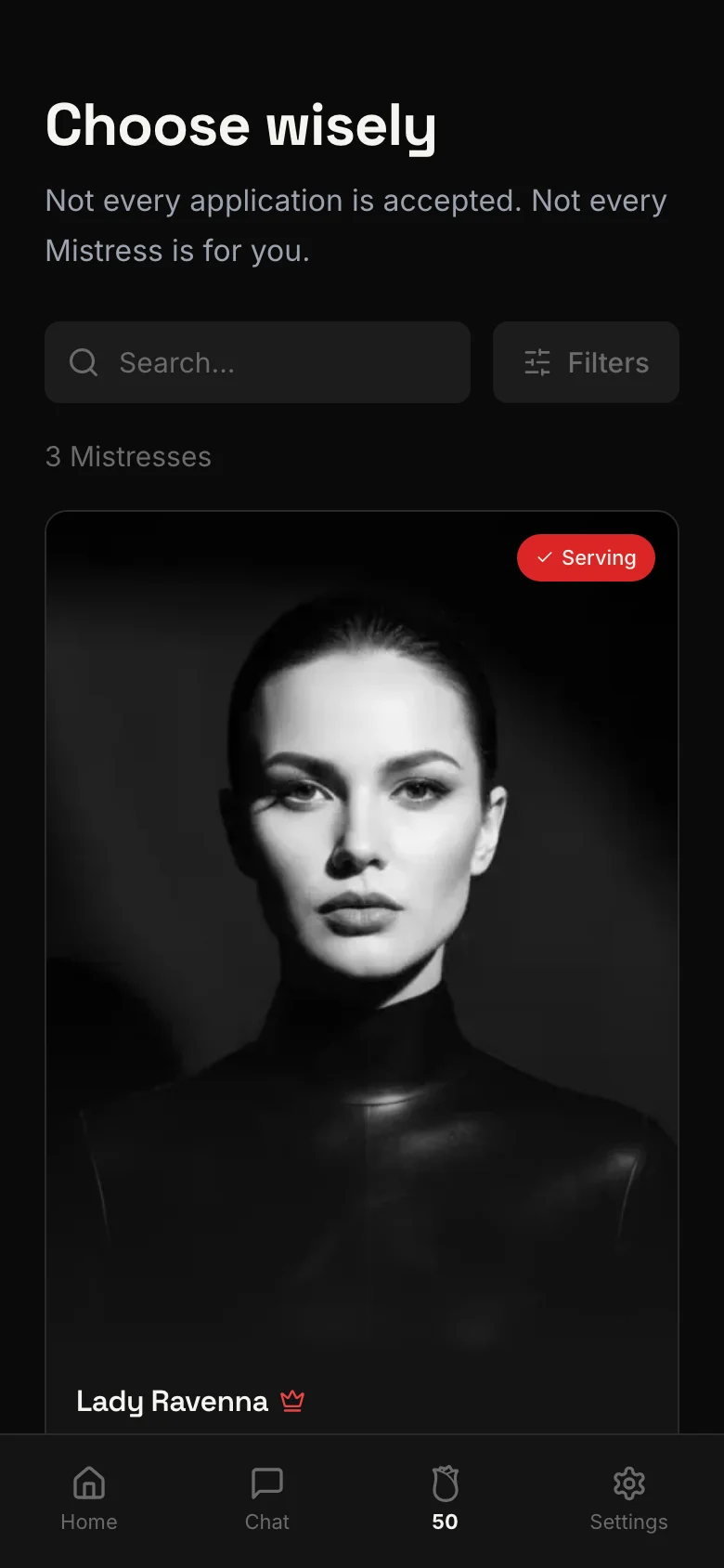 screenshot: Marketplace browse — grid of Mistress profile cards with photos, specialties, availability status, and monthly price