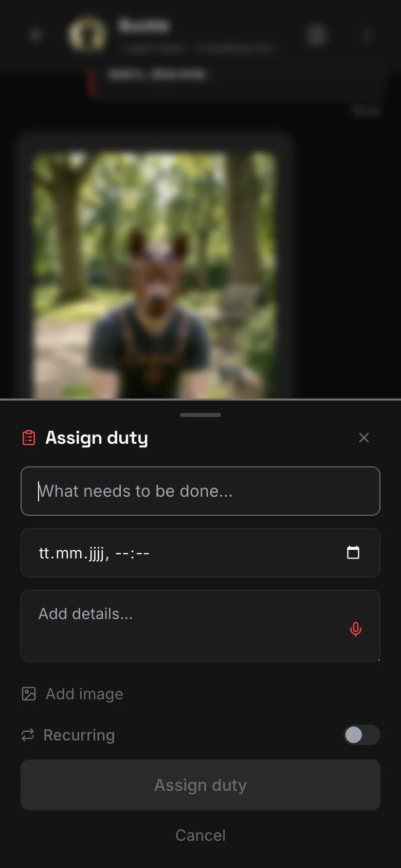 screenshot: Task creation form — title, description, due date, instruction media, and tribute amount fields visible