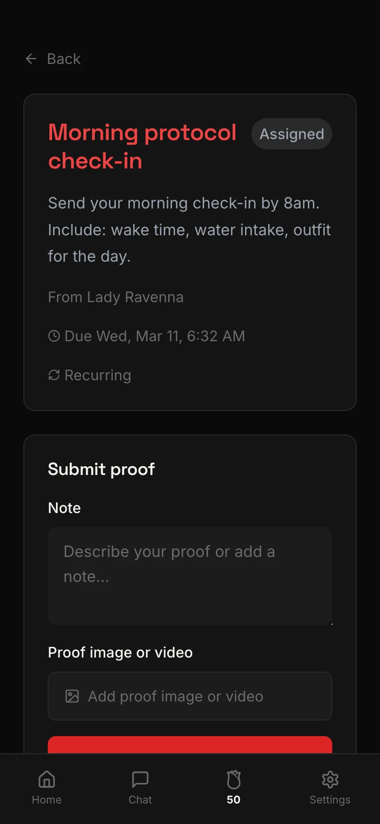 screenshot: Task submission — proof upload with photo/video selector and optional note field
